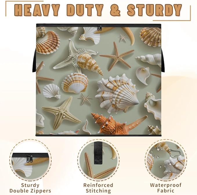 XL Large Clothes Storage with Lid Handle Starfish Large Thick Clothes Blanket Storage Containers for Organizing Bedroom Closet Comforter Tropical Seashells and Scallops