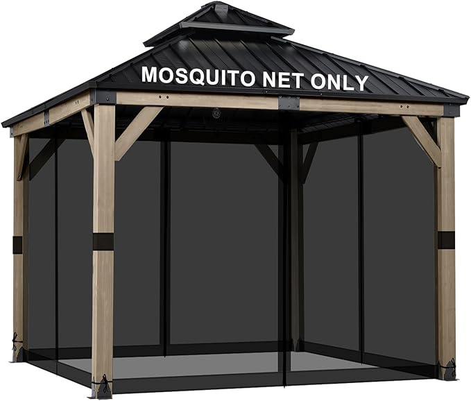 BPS 10' x 10' Gazebo Universal Mosquito Netting Screen Replacement 4-Panel Mesh Screen Walls with Double Zippers for Outdoor Patio Khaki (Mosquito Net Only)