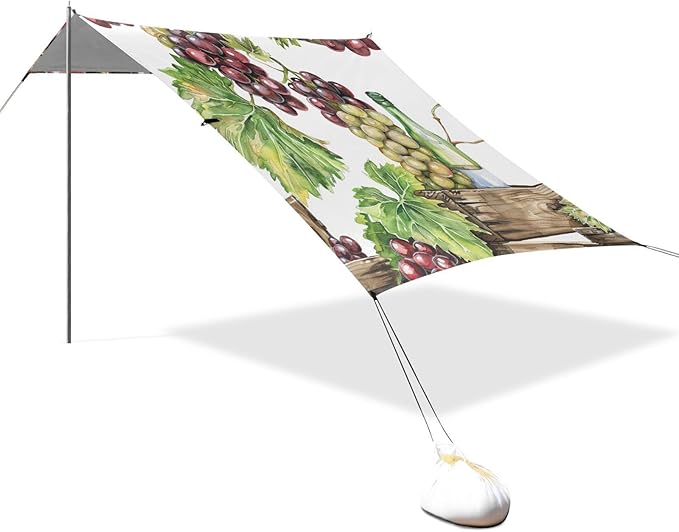 ALAZA Watercolor Wooden Box of Bottle and Red White Grapes Beach Tent Sun Shelter Portable Canopy Sunshade for Outdoor Camping Picnics Backyard Fun 10x9 ft