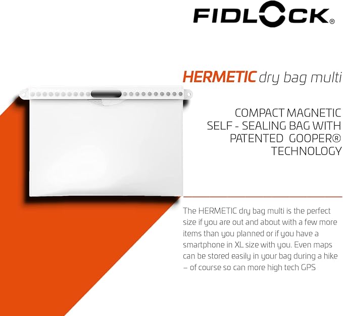 FIDLOCK Hermetic Dry Bag Flexible Magnetic Self-Sealing Bag for Cellphone | 100% Water &amp Sand Proof | Practical Size with a Large Opening | Lanyard Included | Mega | Fabric Grey