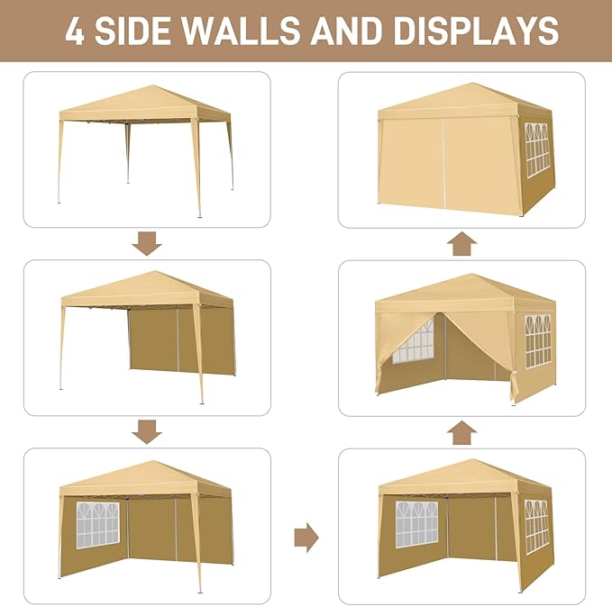 Pop Up Canopy with 4 Sidewalls 4 Ropes 8 Stakes Adjustable Legs for Events Parties and Camping(118×118×100.39) (Khaki)