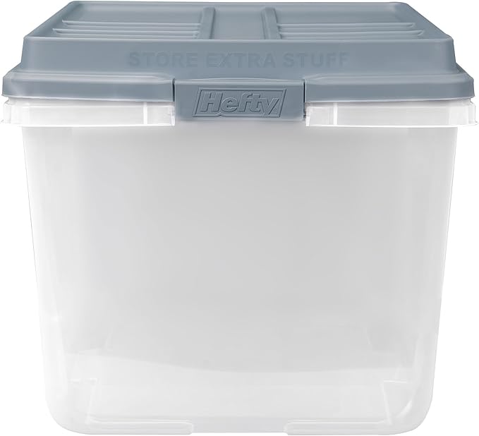 Hefty HI-RISE Stackable Storage Bins - Under Bed Storage Containers with Lids Shoe Organizer Plastic Storage Bins Clear Shoe Boxes with XL Lid-Locking Latches Durable Double Rim - 72qt (6 Pack)