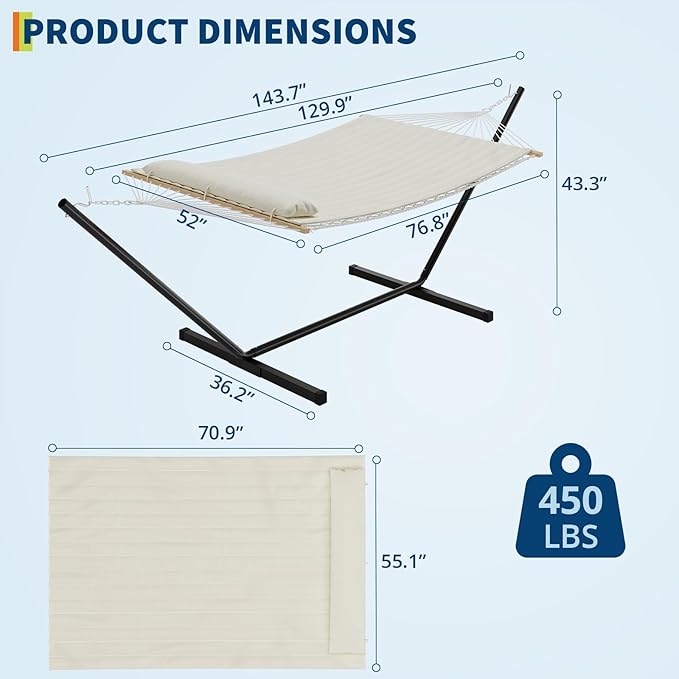 Double Hammock with Stand450lbs Capacity 2 Person Cotton Rope Portable Hammock with Polyester Quilted Pad and Pillowfor Garden YardCamping and Patio.Off White.