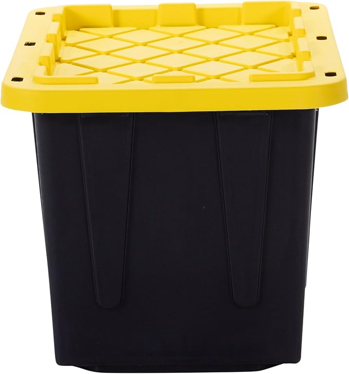 Plastic 23-Gallon Storage Tote with Lockable Lid Stackable Tough Regular-Duty Bin for Garage Tools and Home Organization (2-Pack) - Black and Yellow