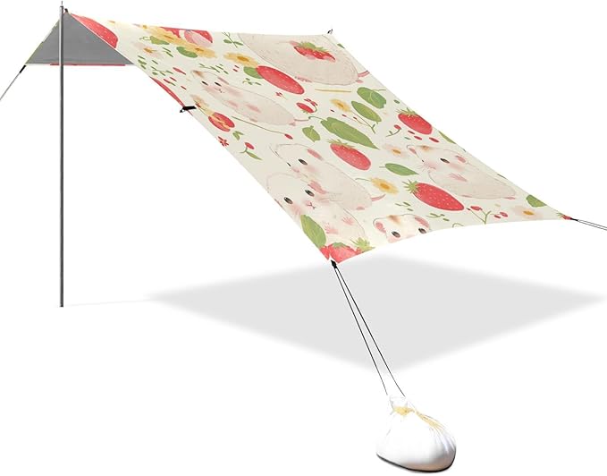 Gerbil Strawberries Plum Communion_1 Foldable Beach Canopy UPF50+ Protection Easy Setup Shade Sun Shelter with Sand Shovel Sandbags for Backyard and Camping