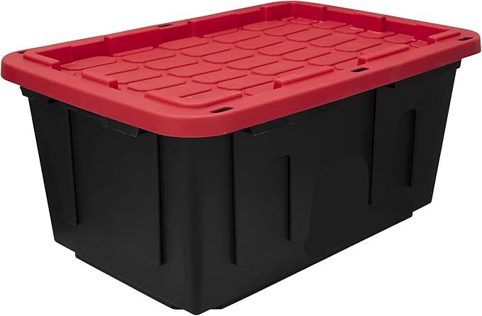 (Pack of 4) 27-Gallon Heavy Duty Plastic Storage Container Bin with Secure Snap Lid Black and Red Large Capacity Tote for Organization