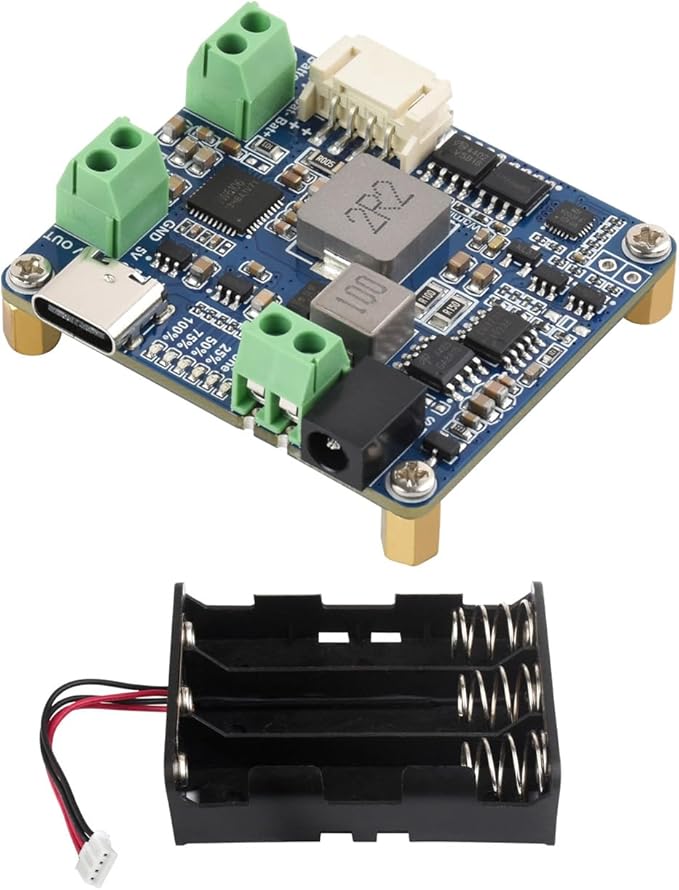 Waveshare Solar Power Manager Module (D) Solar Charge Controller USB Supports 6V~24V Solar Panel and Type-C Power Adapter 5V/3A Regulated Output with Battery Holder (Batteries are Not Included)