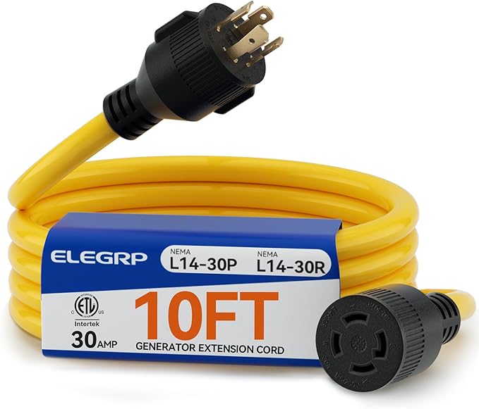 ELEGRP 30 Amp Generator Extension Cord 10 Feet 4-Prong NEMA L14-30P to L14-30R 120/250V Up to 7500W SJTW 10AWG/4C Locking Power Cord for Portable Generators Home Backup UL Standard Compliant