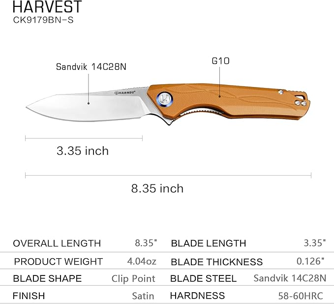 Harnds Harvest Pocket knife with Sandvik 14C28N Steel Folding Knife with G10 Handle for Camping Hunting Surviral (Brown)