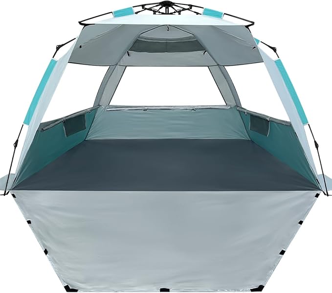 WhiteFang Deluxe Pop Up Beach Tent Sun Shade Shelter for 3-4/5-6 Person UV Protection Extendable Floor with 3 Ventilating Windows Plus Carrying Bag Stakes and Guy Lines