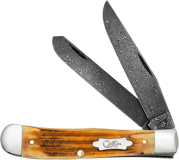 Case XX Pocket Knife TRAPPER - BURNT GOLDENROD DAMASCUS - SECOND CUT JIGGED Item #52420-6254DAM - Length Closed: 4 1/8Inches