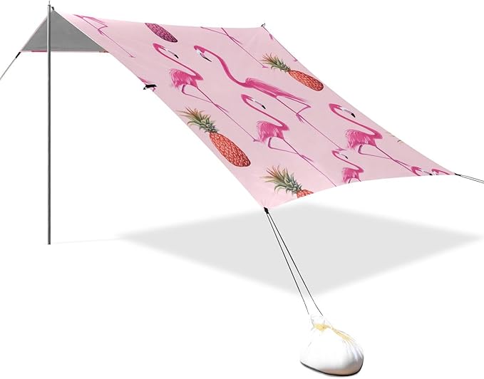 Beach Canopy with Windproof Ropes &amp Sandbags Beach Tent Sun Shade Sun Shelter for Camping Trips Fishing Backyard Fun or Picnics Flamingos