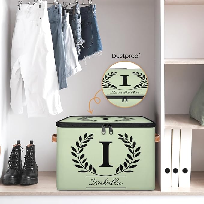 Custom Storage Bins with Lid Initial Name Personalized Storage Basket Boxes Eucalyptus Leaves Foldable Closet Organizer Cube Sage Green