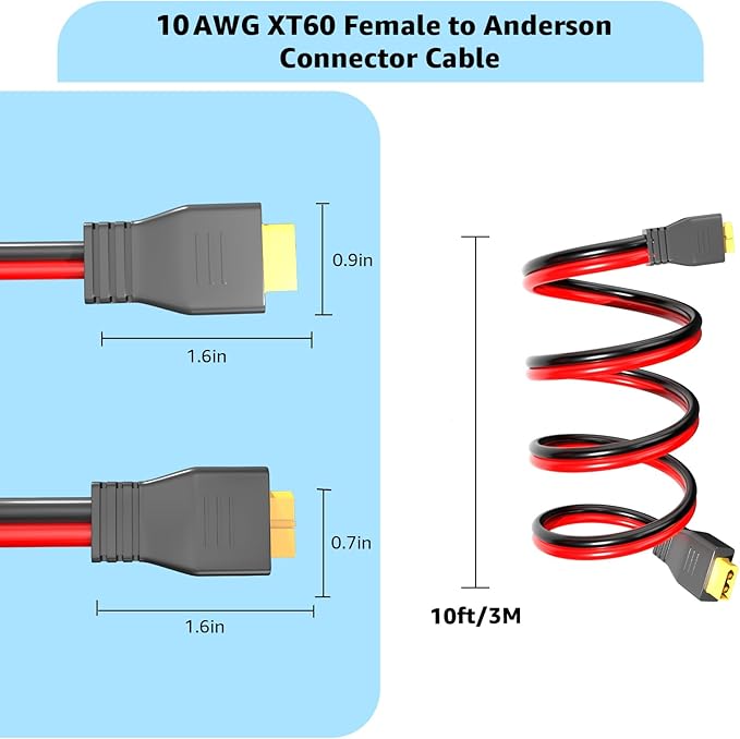 10AWG XT60 Extension Cable XT60 Male to Female Connector Compatible with RC Battery/Solar Portable Power Power Station/Portable Solar Panel(Cable Length 10ft)
