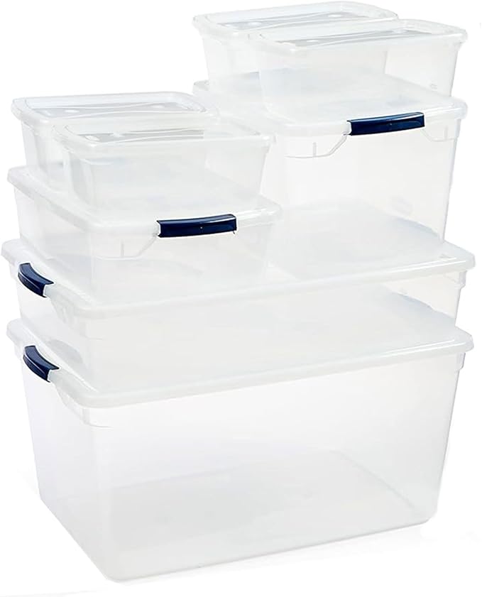 Rubbermaid Cleverstore Clear Dorm Variety 16-Pack Made in USA Stackable Large Clear Storage Bins with Lids See-Through Plastic Storage with Latching Lids BPA-Free