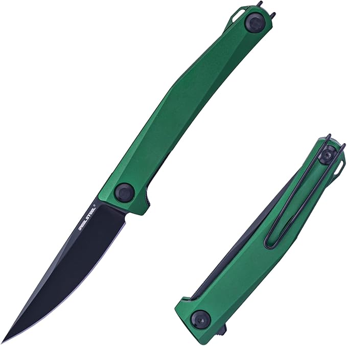Real Steel Teres lightweight EDC Flipper Knife 3.11'' Nitro-V ‎Black PVD Hollow-Ground BladeAluminum HandleLiner Lock Knife Gentleman's Knife with Pocket ClipHunting Camping Hiking Fishing Knife