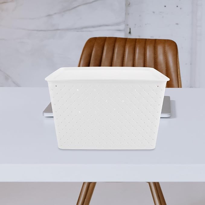 Plastic Storage Bins White Organizer Basket with Lid and Handles Woven Design Storage for Pantry Shelves Closet Playroom Classroom and Office