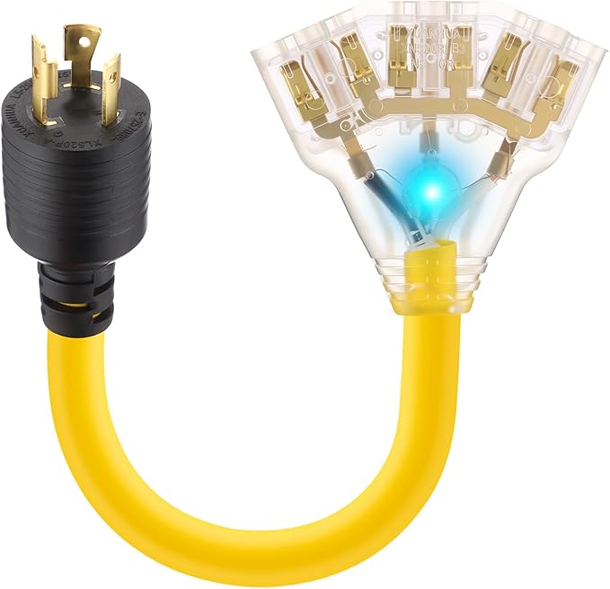 Kanayu 20 Amp to 110 Adapter Outdoor Generator Power Cord 1.5ft 3 Prong Rv Plug Compatible with Nema L5-20p to 3X 5-20r/5-15r 15/20a Outlet Distribution Adapter with Lighted Indicator Etl Listed