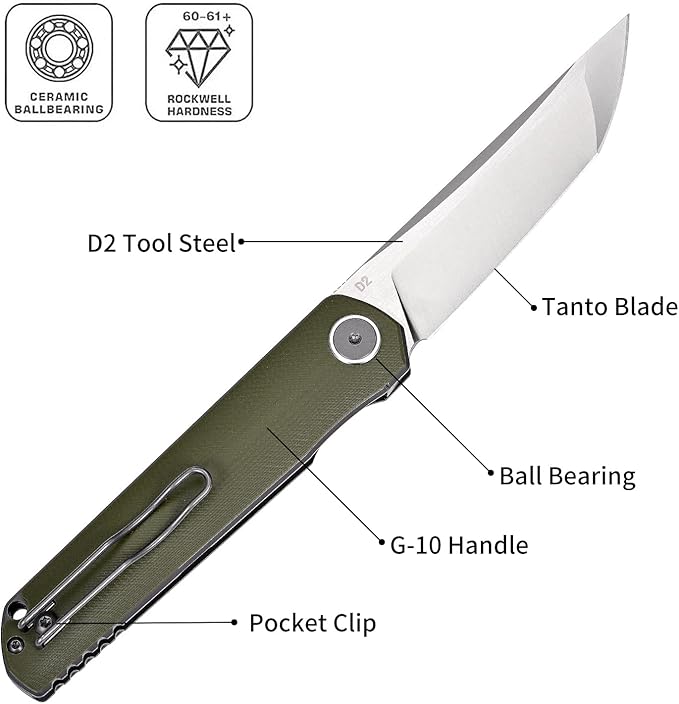 Miki Pocket Samurai Folding Knife G10 Handle Tanto w/ D2 Plain Blade Outdoor Camping Hiking Knife Fishing And Everyday Carry nique Tool Gift for EDC Men Women (Green)