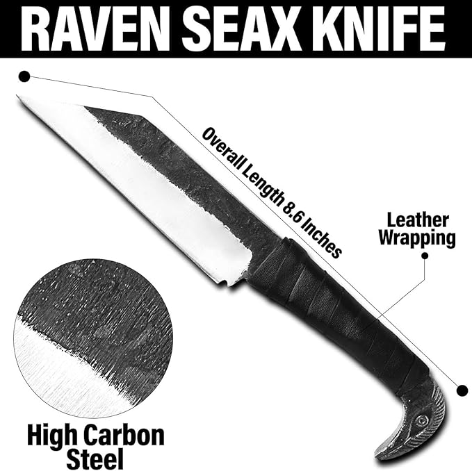 Odin's Raven Viking-styled Seax Knife 8.6 - Hand-Forged 4.4 Carbon Steel Blade Raven's Head Hilt and 2 Genuine Leather Sheaths - Unique Medieval Seax Style - Norse Knife for Hunting &amp Camping