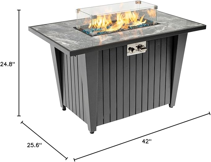 42'' Propane Fire Pit Table Marble Tile Ceramic Tabletop with Glass Wind Guard 50000 BTU Fire Table Inclined Leg and Art Powder Design Blue Glass Rocks Including Lid&ampCover