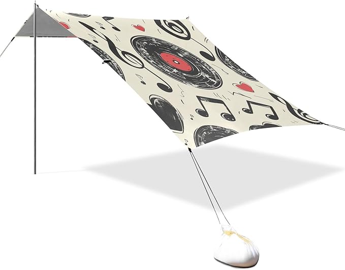 ALAZA Vintage Vinyl Record Music Notes and Hearts Beach Tent Sun Shelter Portable Canopy Sunshade for Outdoor Camping Picnics Backyard Fun 10x9 ft