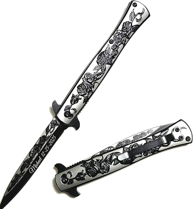 Custom Black or Blue Rose Folding Pocket Knife – Personalized Engraved Tactical Pocket Knife Gift for Him Husband Dad Boyfriend Groomsmen