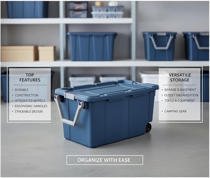 40 Gallon Heavy-Duty Rolling Storage Bins 2-Pack Blue Industrial Plastic with Pivot Handle Leakproof Lid &amp Latches for Garage Workshop Equipment Transport &amp Storage