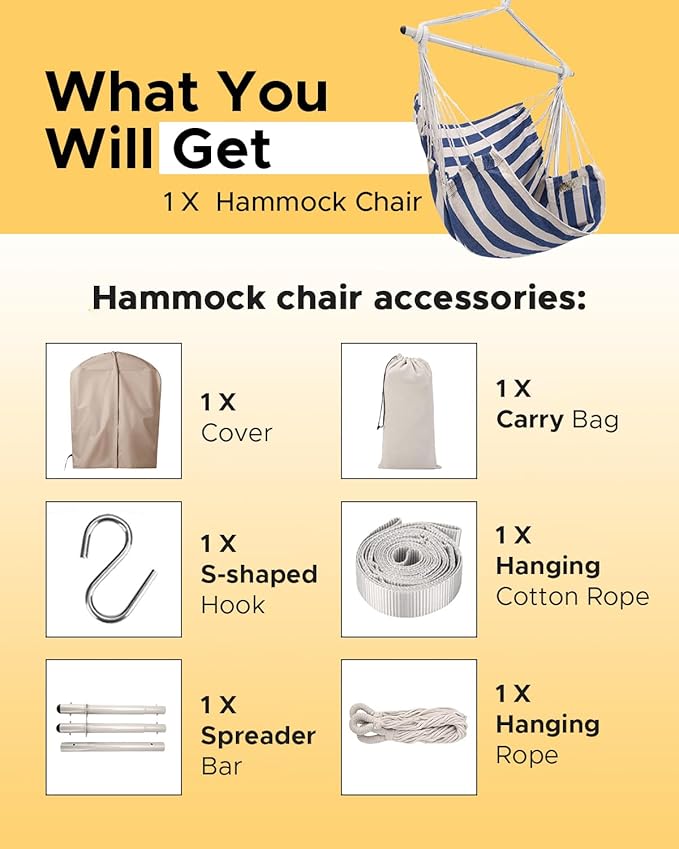 ADVOKAIR Hammock Chair Swing Heavy-Duty Hanging Rope Swing Seat Supports 500 Lbs Ideal for Outdoor Patio Backyard Porch Deck &amp Indoor Bedroom Use