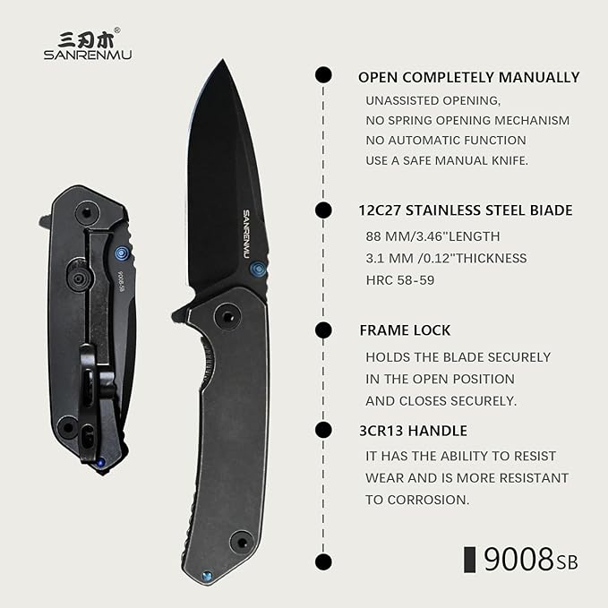 SANRENMU SRM 9008 Outdoor Folding Knife 12c27 Blade Hiking Adventure Camping Picnic Wilderness Survival Hunting Fishing EDC Portable Folding Knife (9008SB（Black）)