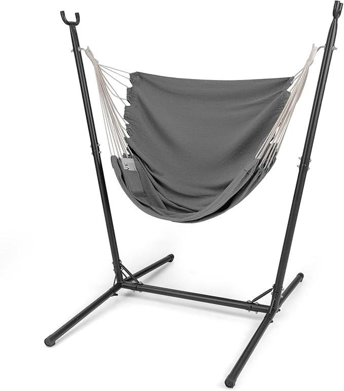 Tangkula Adjustable Hammock Chair with Stand Sturdy Swing Chair with 6 Adjustable Positions Storage Pocket Metal Frame Heavy-Duty Hammock for Indoor &amp Outdoor Use (Grey)