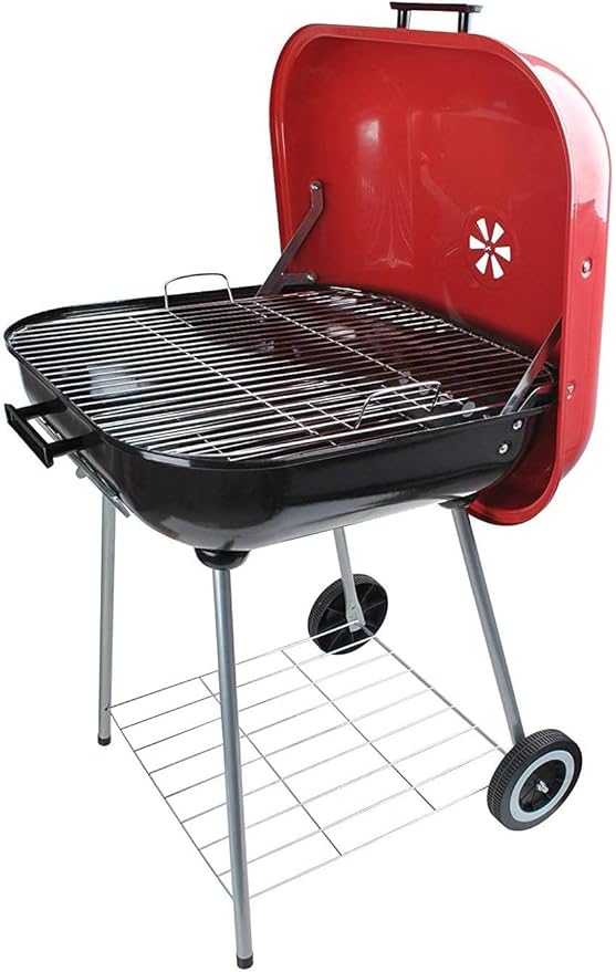 Classic Large Square 22x22 Charcoal Barbecue Grill Portable BBQ Heavy Steel W/Wheels Legs Ash Catcher Red/Black Color