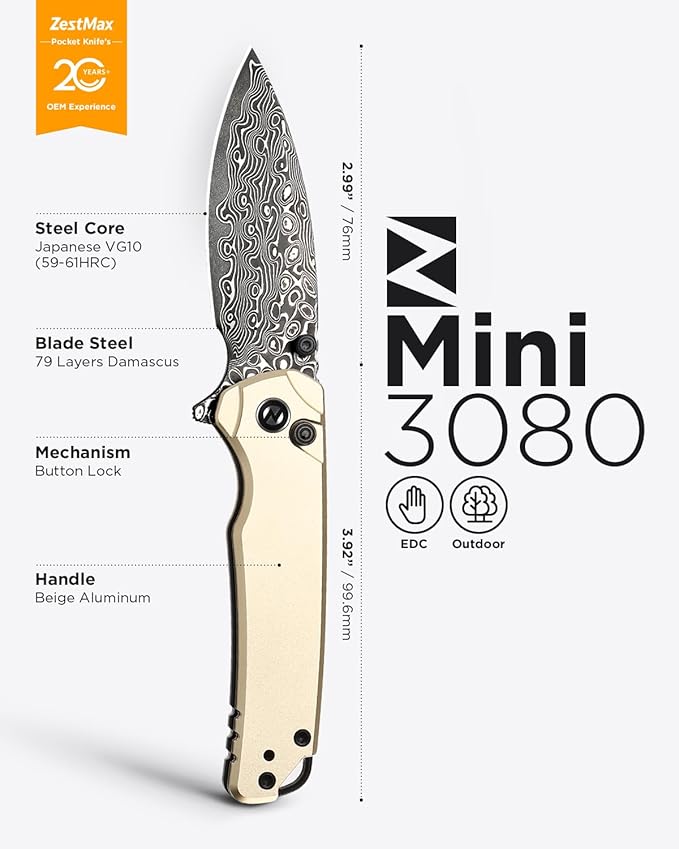 Folding Pocket Knife for EDC Small Pocket Knives for Men Women 2.99 Damascus Steel Blade Aluminum Handle with Clip for Camping Hiking Outdoor Survival Mini 3080AB (Beige)