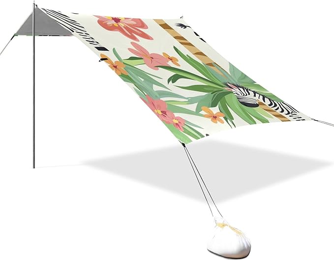 ALAZA Cute Cartoon Zebras Palm Trees Flowers Beach Tent Sun Shelter Portable Canopy Sunshade for Outdoor Camping Picnics Backyard Fun 10x9 ft