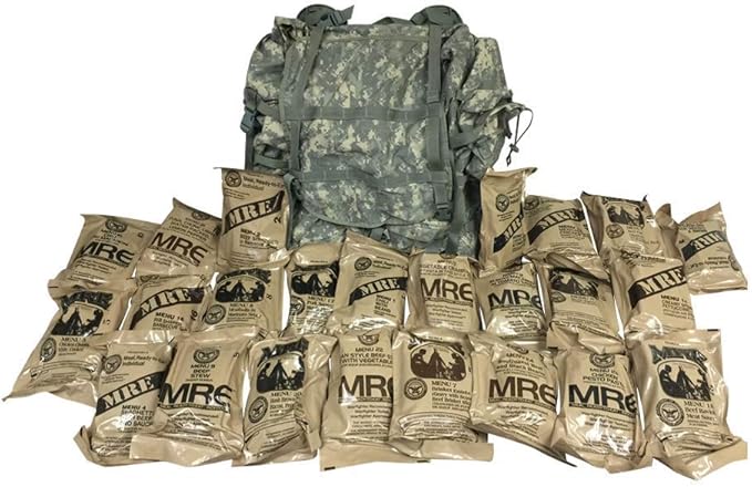 Genuine Previously Issued Military Ruck Sack - Military MRE Go Bag - 2021 Inspection Date - 24 Military MREs (2 Cases) with US Flag Patch (MOLLE ACU Ruck)