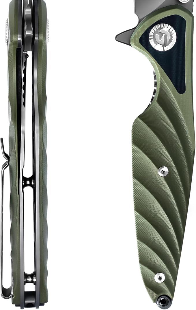 FINTISO Pocket Knife 3.15 Folding Knife Premium 14C28N Blade Bicolour Green and Black G10 Handle Design with Liner Lock Pocket Clip for Men Women Small EDC Knife for Camping Hunting Hiking Survi
