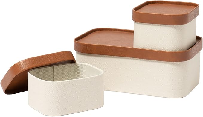 Beige Decorative Storage Boxes With Lids Storage Baskets with Leather-Like Lids Sturdy Stackable Paper Boxes Decorative Tray Modern Basket Organizer Bins for Jewelry Shelve Bathroom Bedroom