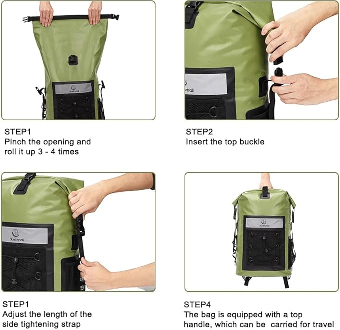 Blueshyhall 30L Waterproof Dry Backpack Outdoor Travel Roll Top Closure Water Repellent Duffle Storage Sack for Kayaking Rafting Boating Fishing Camping and Beach - Green