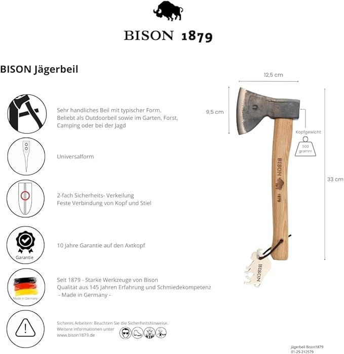 Bison Hatchet 1879 500 g I Allrounder 330 mm Long for Forest Camping &amp Outdoor I Hand Forged I Triple Safety Wedging with Genuine Leather Cutting Protection Natural