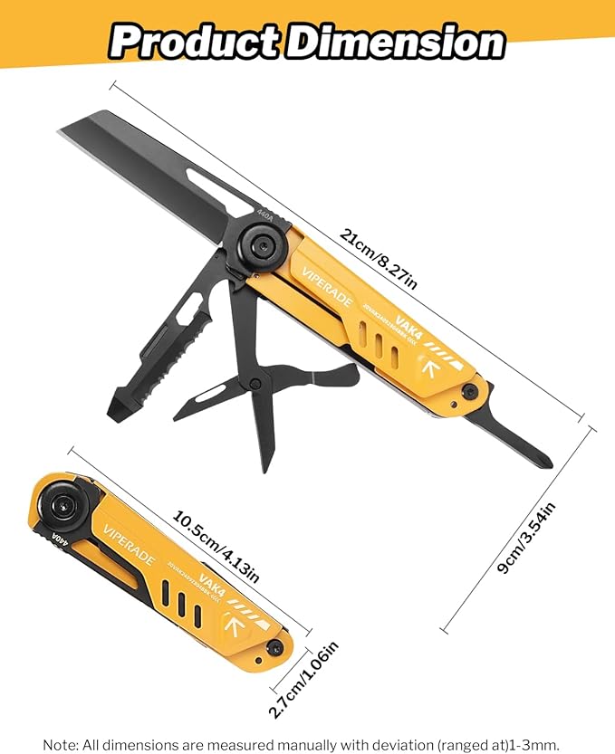 VIPERADE VAK4 Multitool Pocket Knife for Men Multifunctional 21-in-1 Multitool Pocket Knife with Pouch Outdoor Camping Survival and Everyday Use (K4-Yellow)