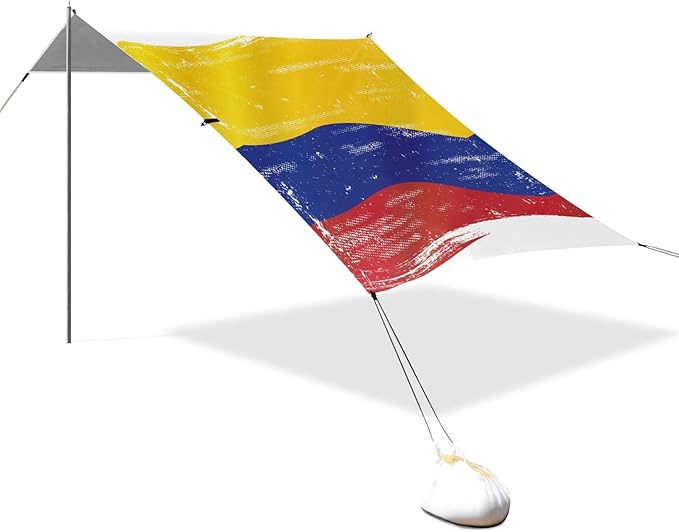 Flag of Colombia Stable Beach Tent UPF50+ Easy Setup Shade Sun Shelter with Sandbags Sand Shovel Poles for Camping Picnics Backyard