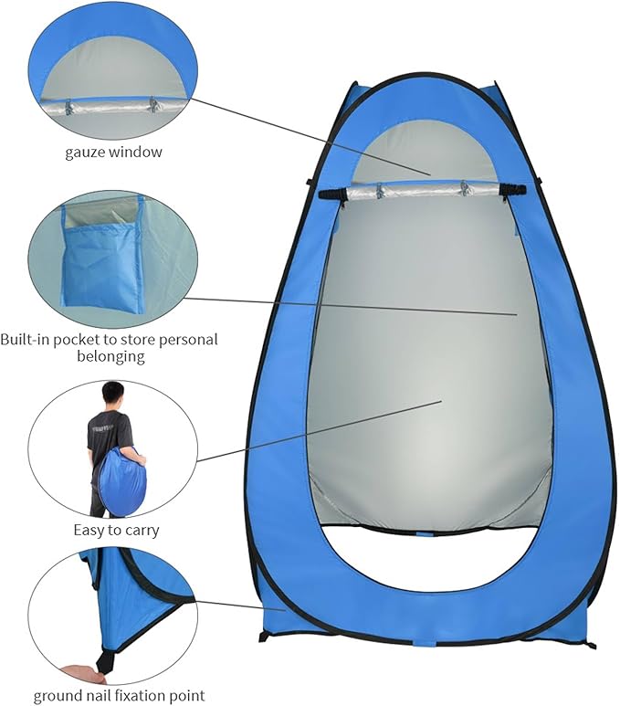 Portable Camping Shower Outdoor Privacy Shower Tent Single Pop Up Shelter Camping Toilet Changing Room with Carrying Bag Rain Shelter for Hiking Picnic Fishing Beach Lightweight (Blue)