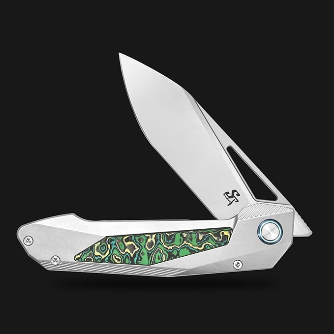 Sitivien ST666 Folding KnifeHandmade M390 Pearlescent Polishing BladeTitanium &amp Colorful Carbon Fiber Handle Pocket Knife EDC Tool Knifes for Outdoor CampingHikingHunting(Green)
