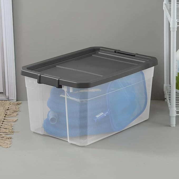 76 Quart Heavy-Duty Stacker Box – Clear Plastic Storage Bin with Secure Latch Lid Ideal for Home Garage Closet &amp Basement Organization Dark Gray (1)