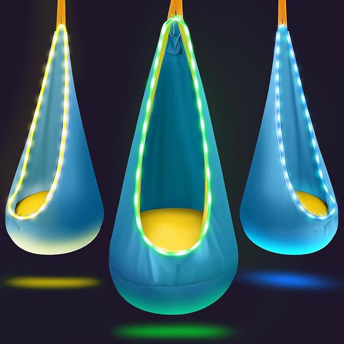 Light Up Swing Chair Hammock Chair Indoor Outdoor for Kids Pod with LED Lights Soft and Safe 176 lb. Load Capacity Easy Installation Perfect for Bedroom Garden and Playroom (Light Blue)