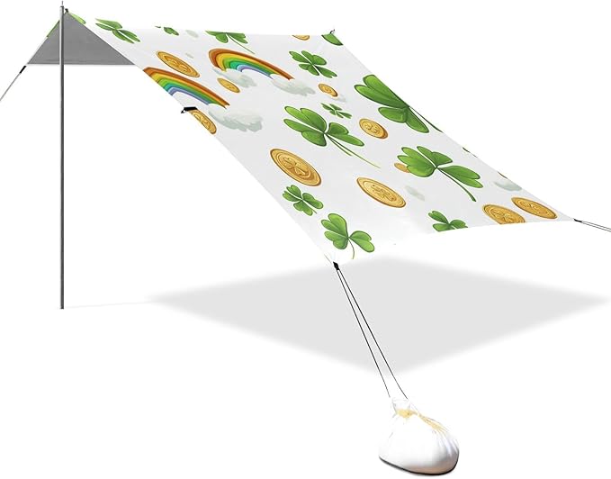 ALAZA St Patrick Day Clover Rainbow Clound Coins Beach Tent Sun Shelter Portable Canopy Sunshade for Outdoor Camping Picnics Backyard Fun 10x9 ft