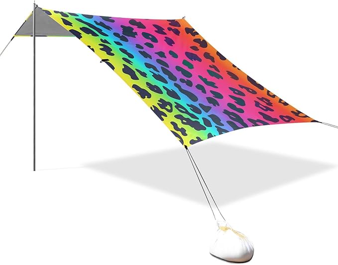 ALAZA Leopard Skin Spots Rainbow Color Beach Tent Sun Shelter Portable Canopy Sunshade for Outdoor Camping Picnics Backyard Fun 10x9 ft