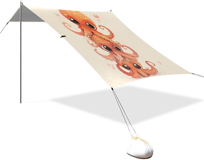 ALAZA Cute Octopuses Beach Tent Sun Shelter UPF50+ Protection Beach Shade Canopy w/ 4 Sandbags for Outdoor Camping Fishing Backyard Fun Picnic 10x9 ft