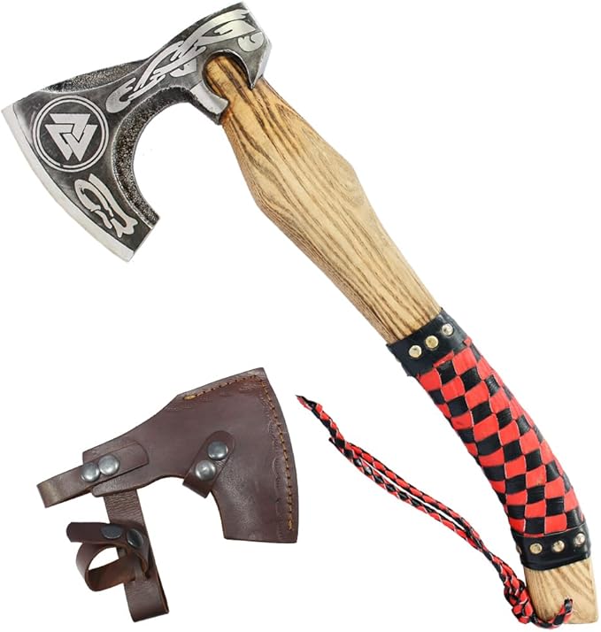 TheBoneEdge 17.5 Steel Blade Black &amp Red Leather Wrapped Handle Hunting Axe with Sheath