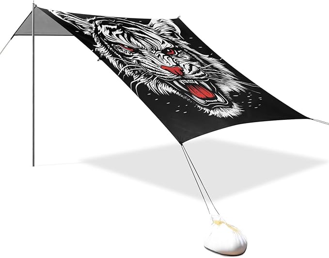 Roaring Tigers Black Beach Cabana UPF50+ Waterproof Portable Sun Shelter with Sandbags and Shovel for Backyard and Camping